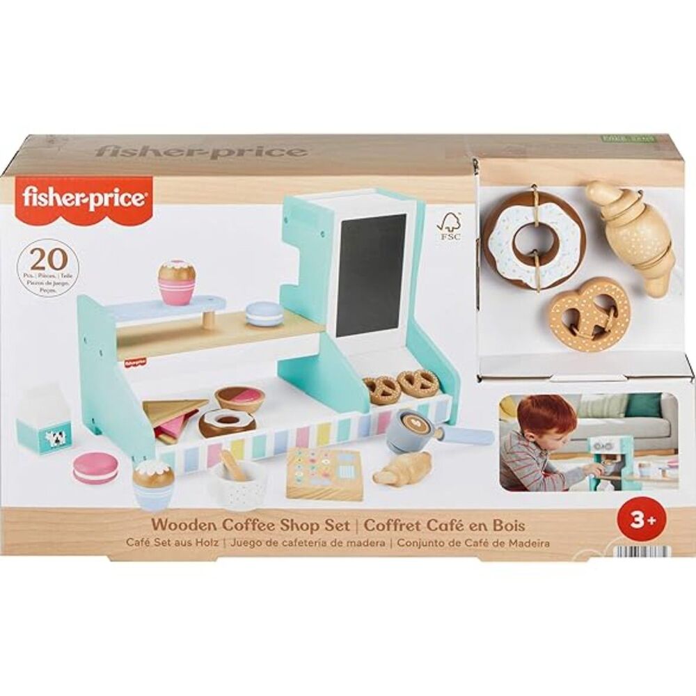 Fisher-Price Wood Pretend Play Coffee Shop & Toy Register, 20-Piece Wooden Food